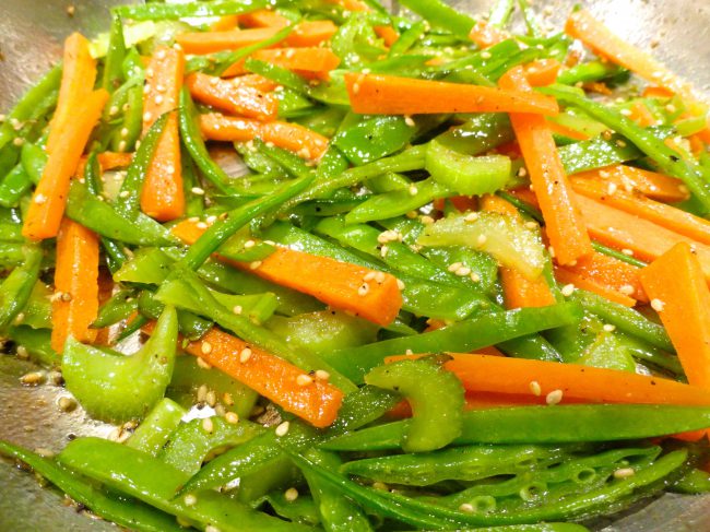 Carrot Snow Pea and Celery Stir Fry cooked.