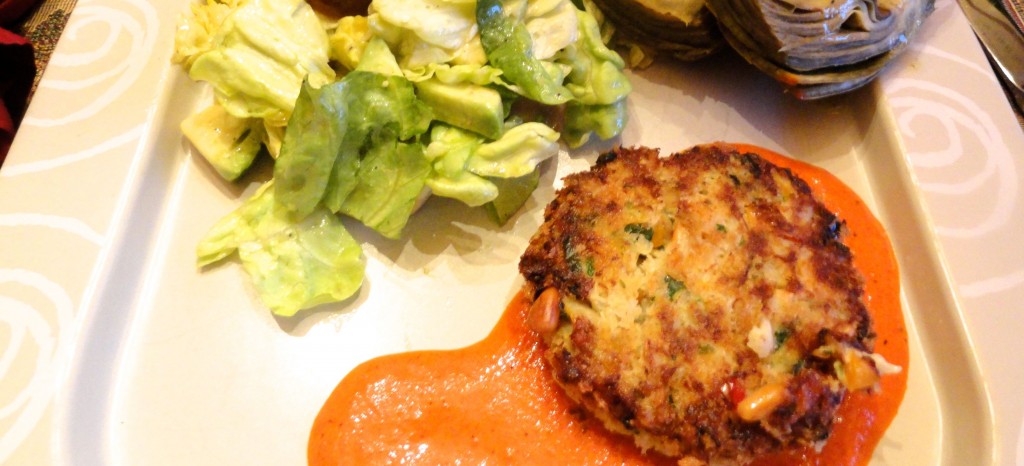 Crab Cakes with Piquillo Pepper Aioli on plate