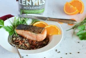 Crispy Skin Salmon on a bed of lentils with bacon.