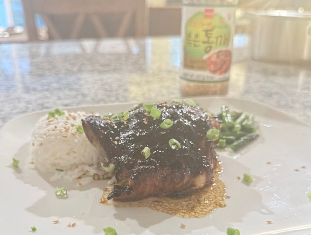 Gooey chicken thigh with 5-spice and Hoisin sauce.