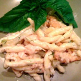 Gemelli pasta with Crab and Light Lemon Sauce with basil.