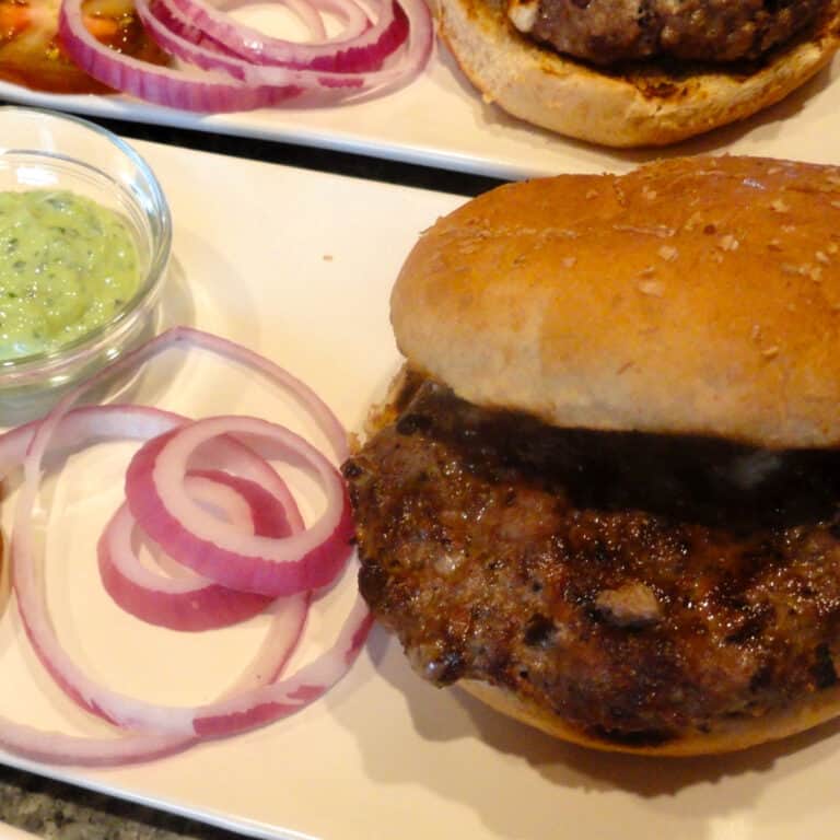 Sirloin Beef and Lamb Burgers with Feta and Cilantro Mint Sauce