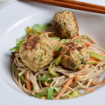 Soba noodles, lean pork meatballs, and fresh veggies in a white bowl.