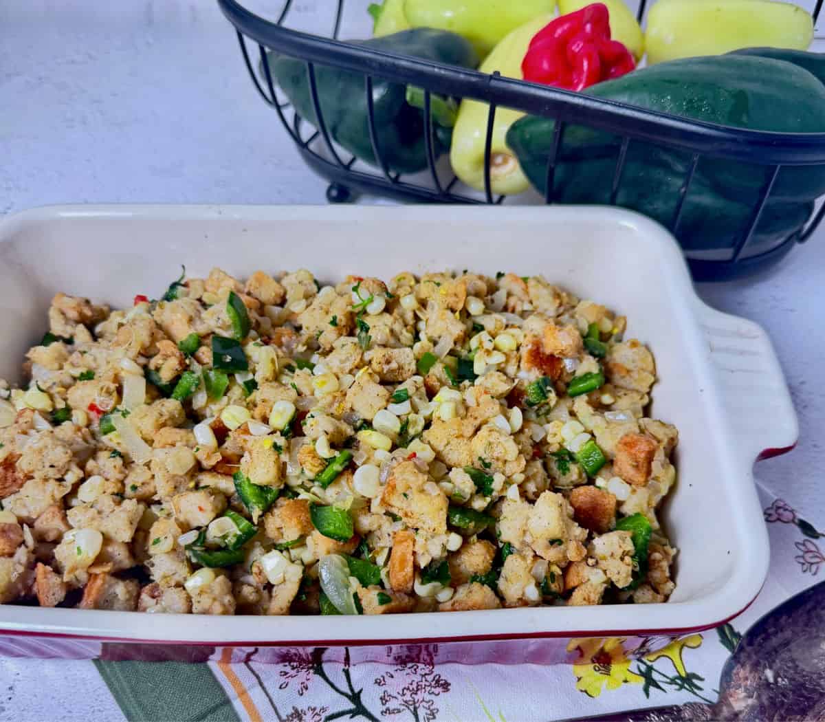 Southwest cornbread dressing in a casserole dish. 