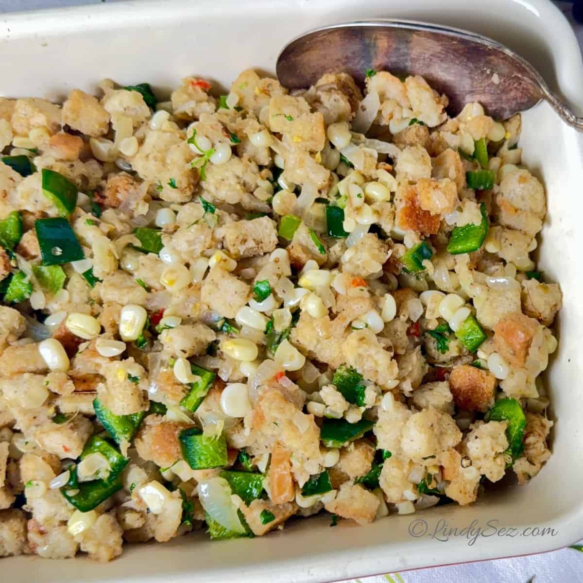 A close-up shot of summer cornbread dressing.