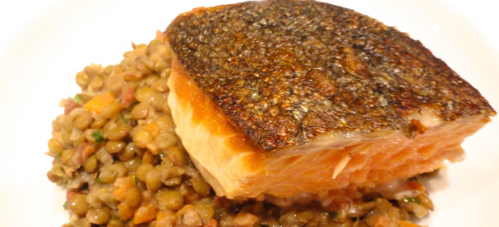 salmon with lentils and bacon