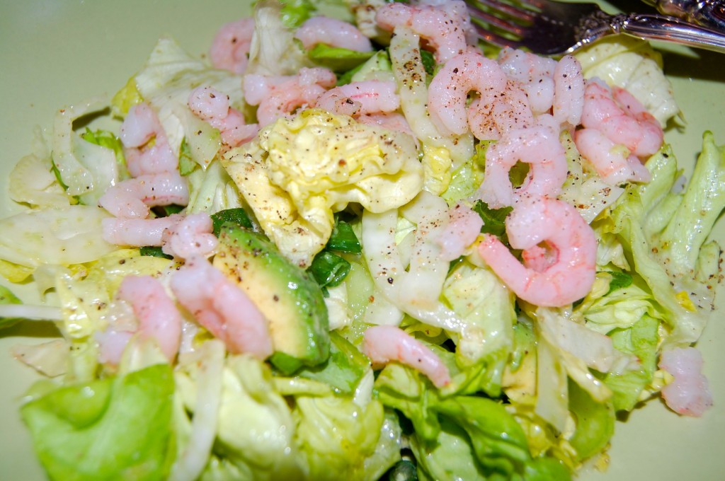 Butter leaf and baby shrimp salad with fresh herb dressing on a plate.