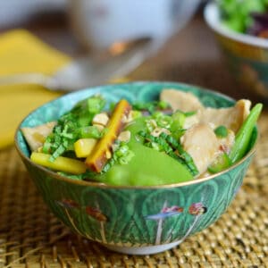A colorful oriental themed bowl holds a serving of Spicy Mint Chicke.