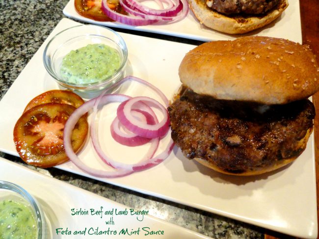 Sirloin Beef and Lamb Burgers with Feta and Cilantro Mint Sauce on plate