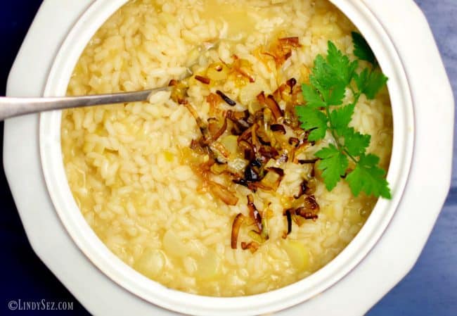 a bowl of spring leek risotto