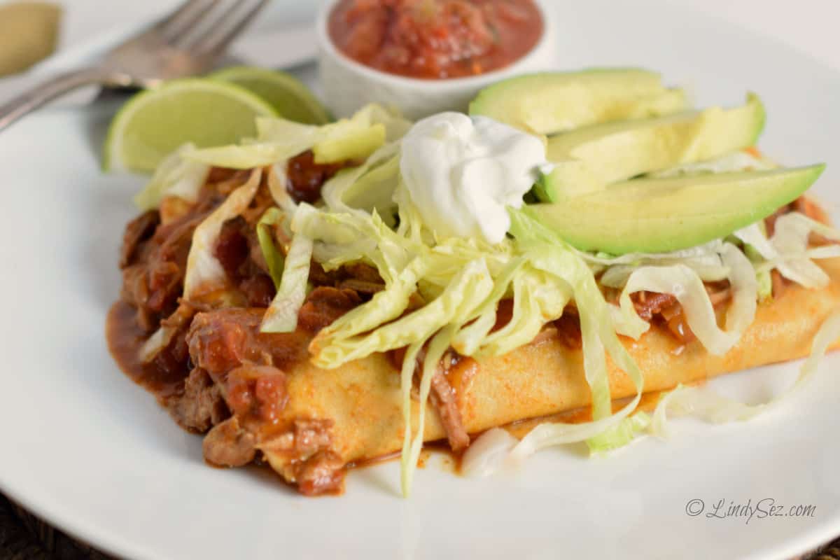 A side view of the enchilada taco.