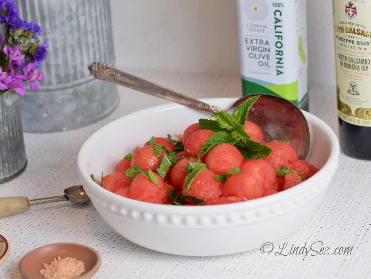 A bowl of refreshing watermelon and mint salad.