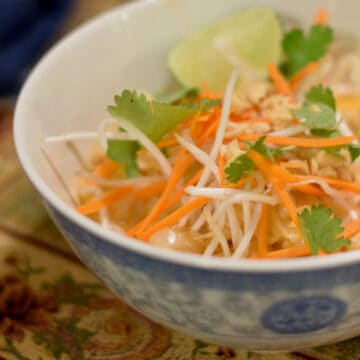 A bowl of Thai chicken Curry with Saucy Rice Noodles.