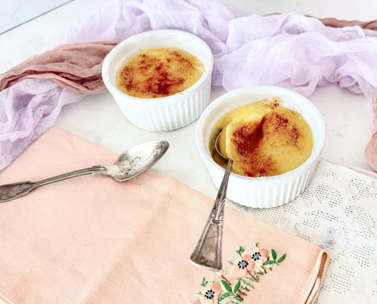 Two bowls of creme brulee, made with sweet corn. No-bake.