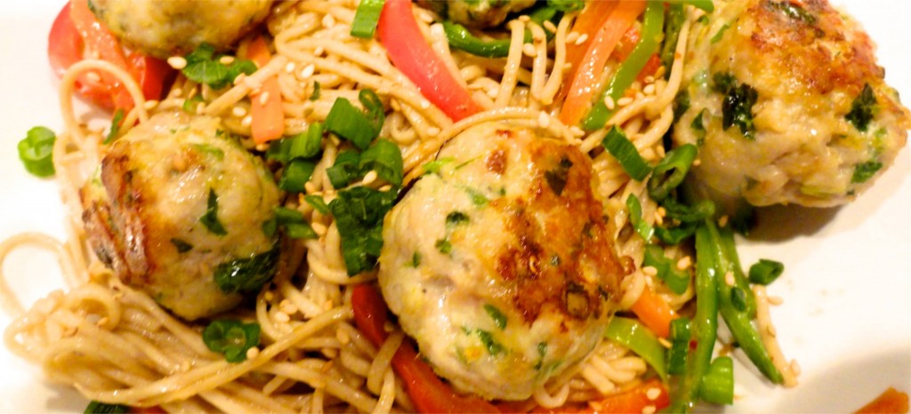 Ginger Pork Meatballs on Soba Noodles with Peanut Sauce header shot