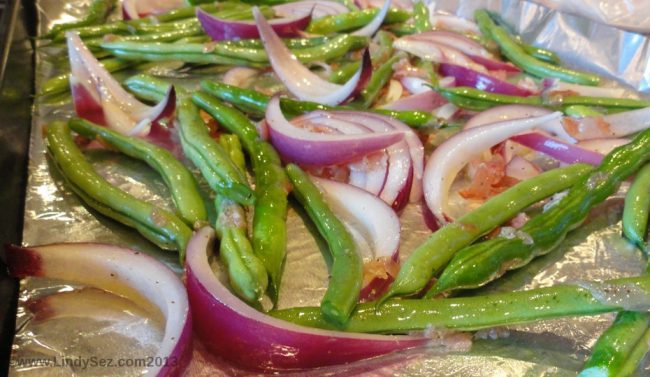 Roasted Green Beans with Proscuitto on pan