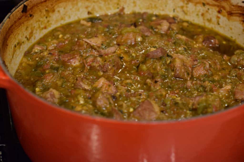 A pot of delicious chili verde, green pork chile.