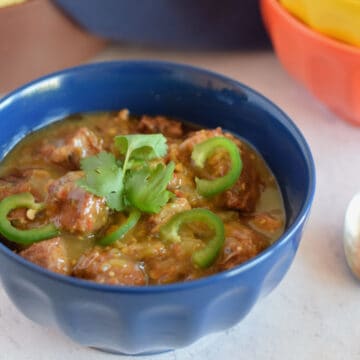 A blue bowl filled with Pretty Darn Good Chili Verde.