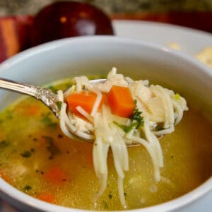 A spoonful of noodles in easy homemade chicken noodle soup