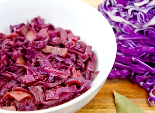 A white bowl filled with delicious German Style Sweet and Sour Red Cabbage