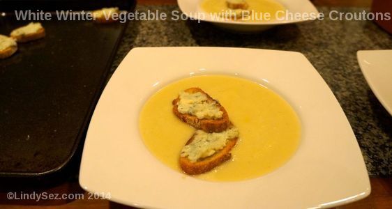 White Winter Vegetable Soup with Blue Cheese Croutons