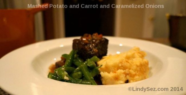 Mashed Potato and Carrot with Caramelized Onions with roast meat