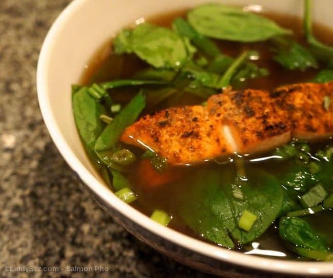 salmon pho in a bowl