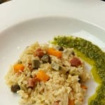 Roasted Squash Artichoke Heart and Pancetta Risotto with Arugula Walnut Pesto