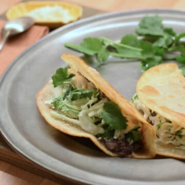 Plated taco with cilantro and cotia in the background.