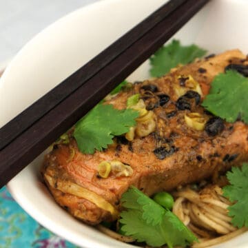 The finished plate of salmon in black bean sauce.