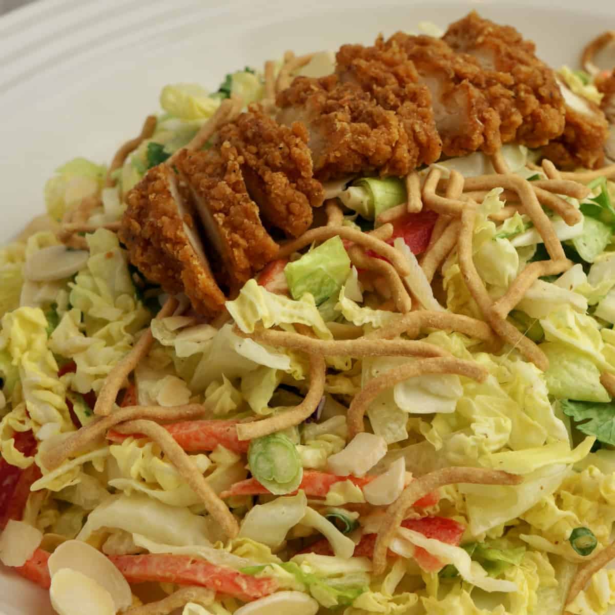 Crispy fried chicken slices on a tasty salad with fresh peppers and Chinese noodles.