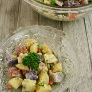 Low Fat Potato Salad in a glass bowl.
