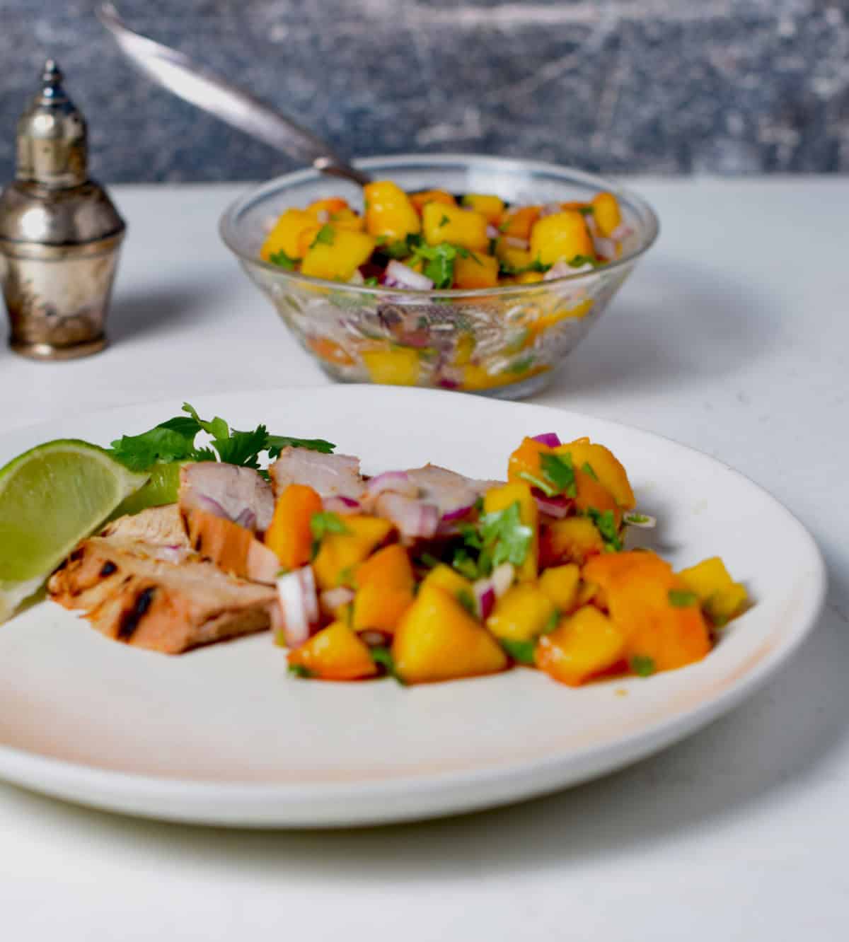 A plate of pork tenderloin with peach salsa.