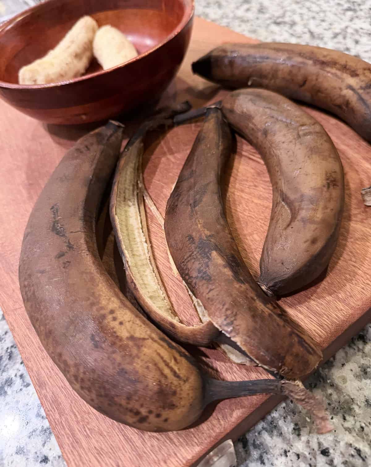 Bananas perfect for banana bread. Almost black skins make for sweet insides.
