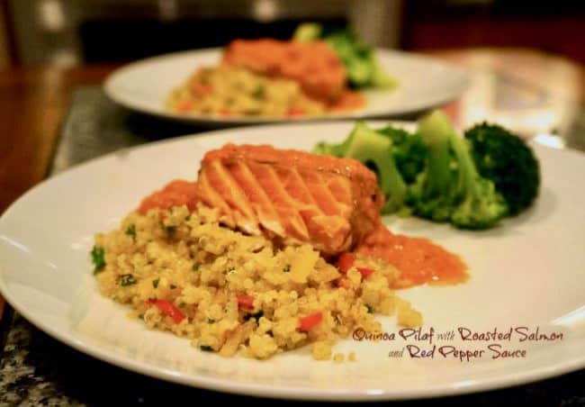 Roasted Salmon with Pilaf on a plate.