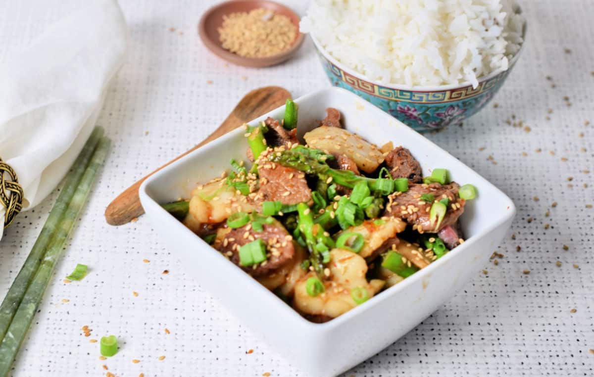 Beef and Scallop stir-fry bowl.
