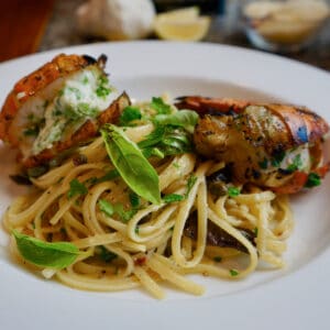 Shrimp scampi on Garlic Spaghetti.