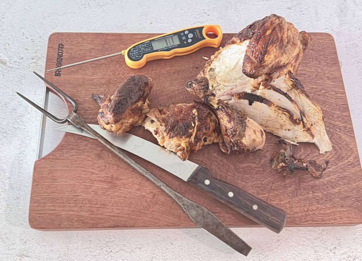 Rotisserie Chicken pieces on a cutting board.