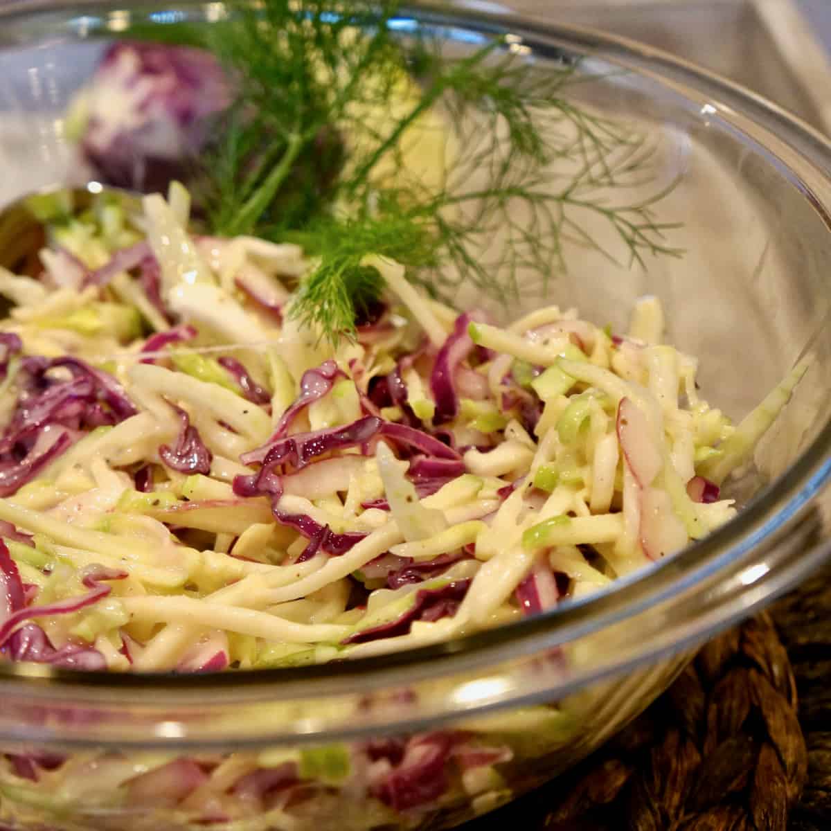 A bowl of Cabbage-Fennel-Apple Slaw with fennel fond garnish.
