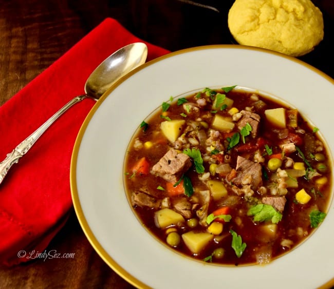 A bowl of hearty beef barley soup