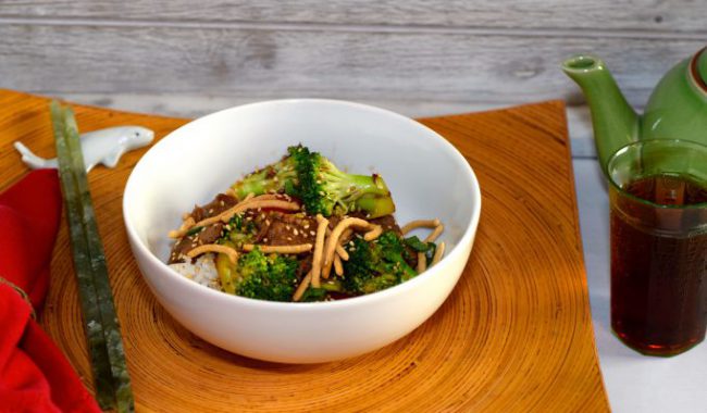 Quick Low-Fat Beef Broccoli Stir-Fry in white bowl