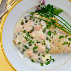 Sole being served on a gold rimmed plate with a light shrimp sauce on it. along with chives.