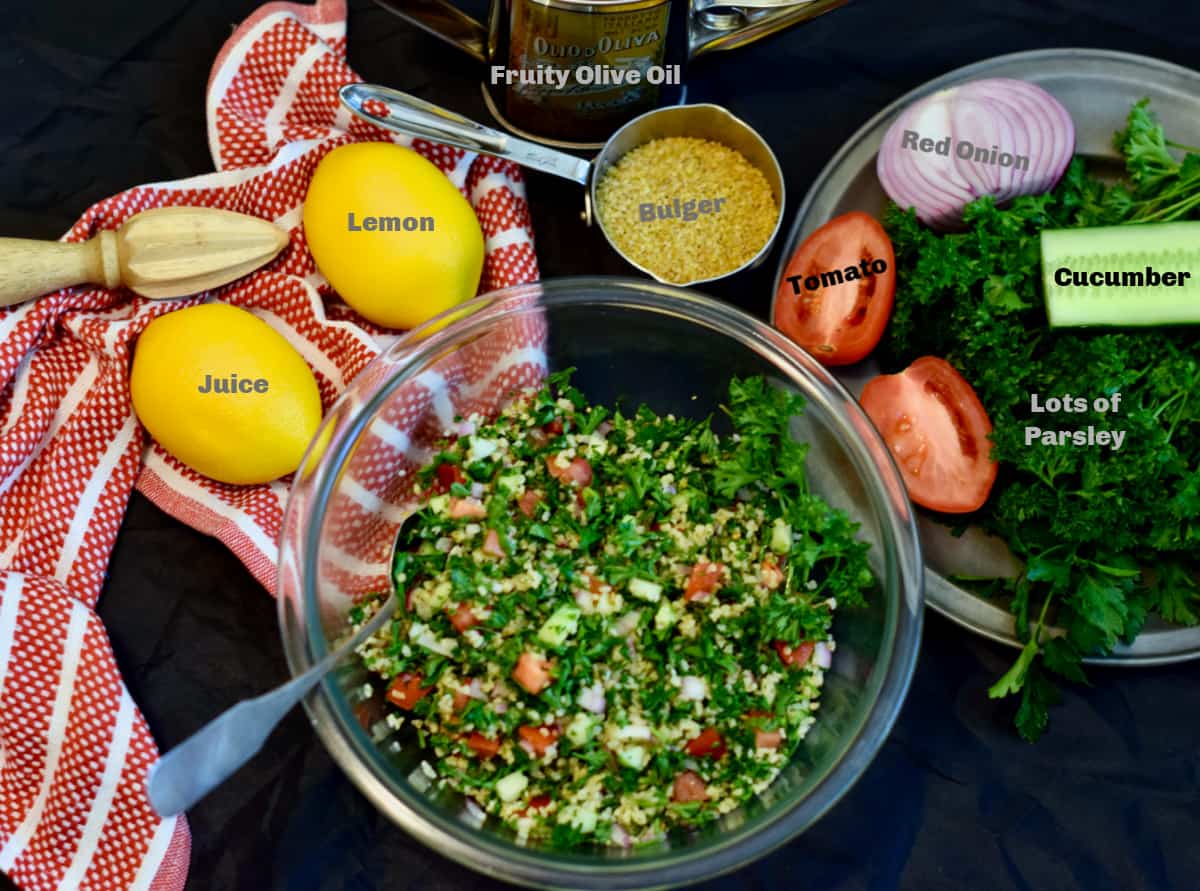 All the ingredients needed to make a tabouleh salad.