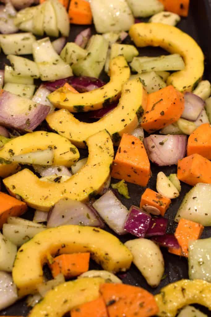 Seasoned vegetables for oven poached chicken.