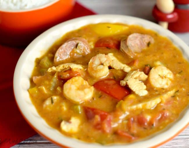 Gumbolaya Cajun Stew with shrimp, sausage, and chicken.