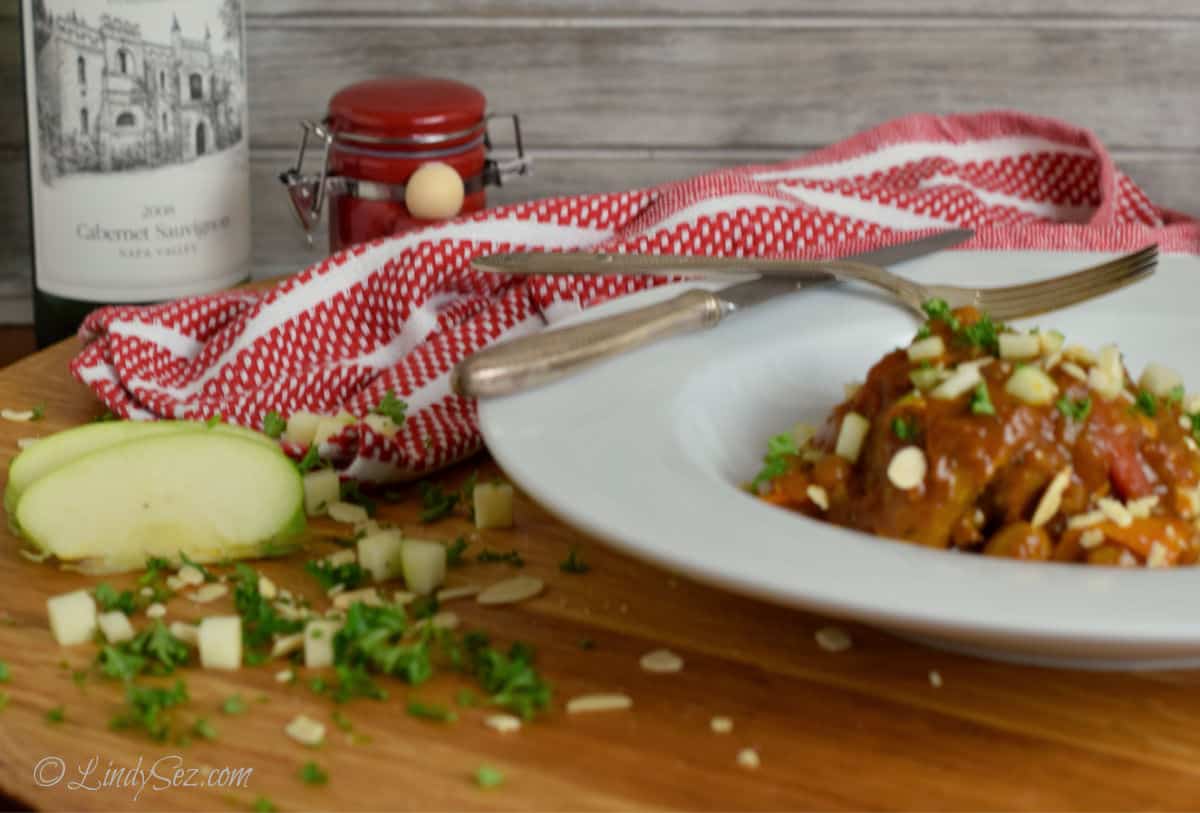 Country Chicken with diced apple and almonds.