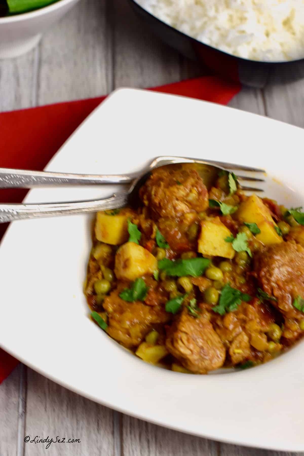 Tagine of Pork in a white bowl.