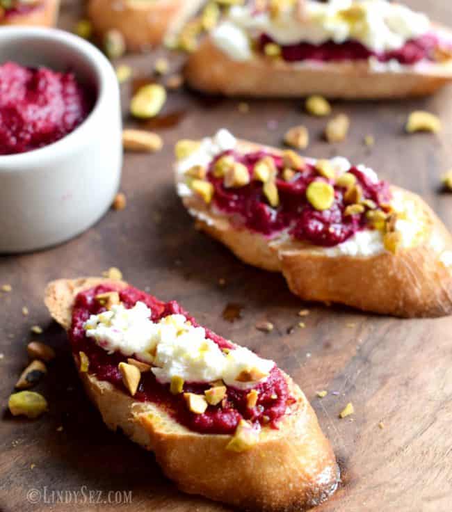 Roasted Beet Crostini with Goat Cheese and Pistachio - LindySez | Recipes