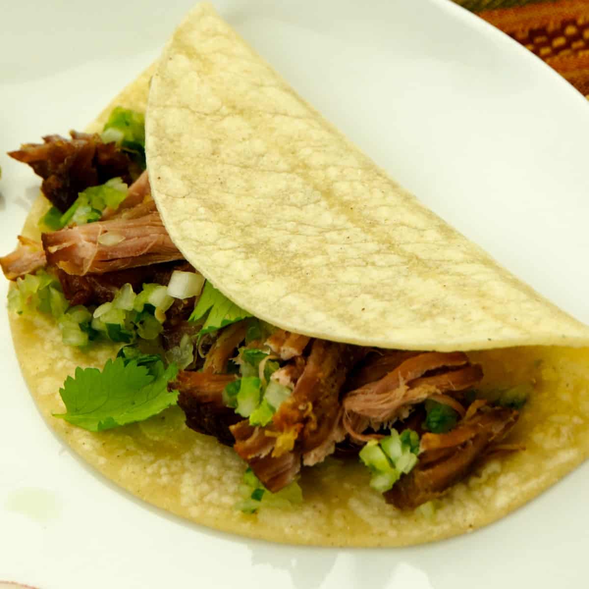 A taco made with authentic Mexican style carnitas.