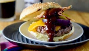 coffee-rubbed cheeseburgers with Texas BBQ sauce